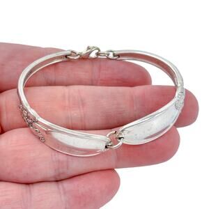 Vintage Silver Tone Unity Bangle Floral White Orchid Spoon Bracelet 7"